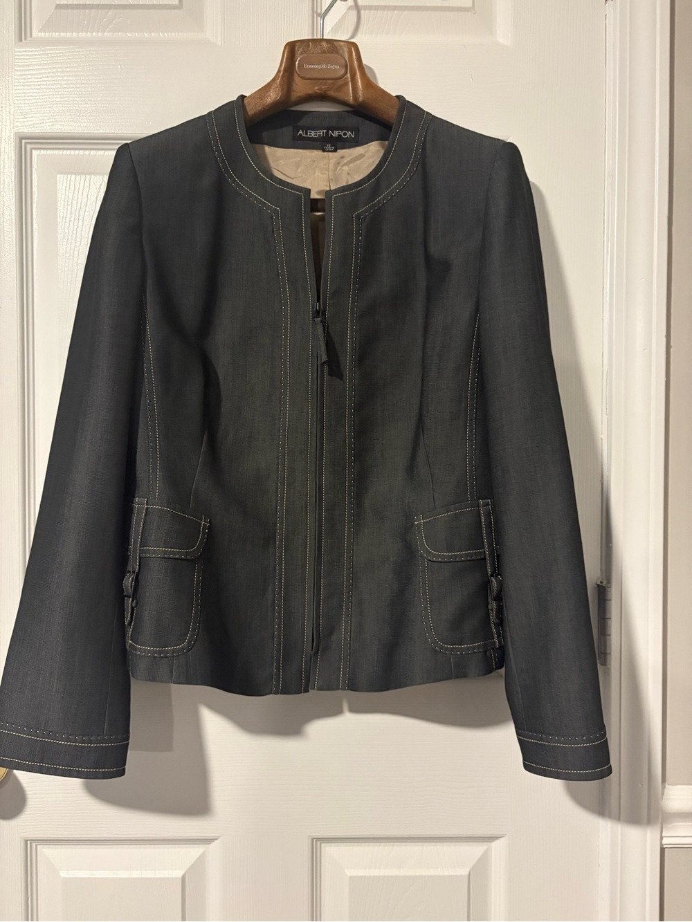 Albert Nipon Dark Gray Collarless Zip Jacket with Contrast Stitching
